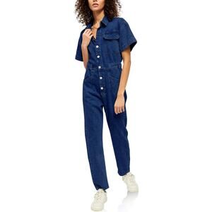 Womens Short Sleeve Denim Jumpsuit Button Down Elastic Waist Jeans Long Pants
